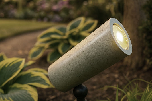 Concrete garden spotlight fixture with a warm glow in a natural setting.