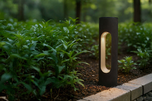 Modern outdoor solar garden light fixture in a natural setting